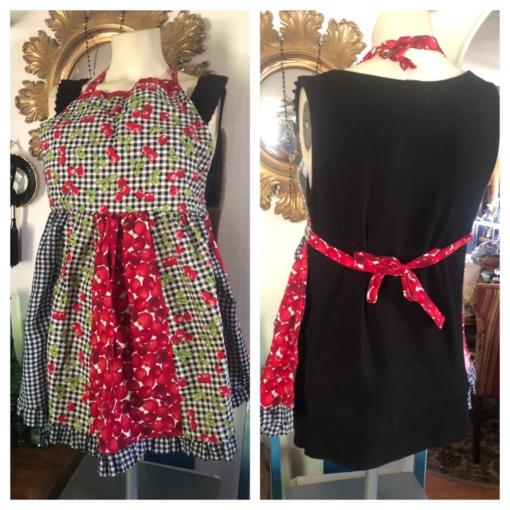 Vintage Rockabilly Cherries and Gingham Print Bib Apron - Picture 3 of 12